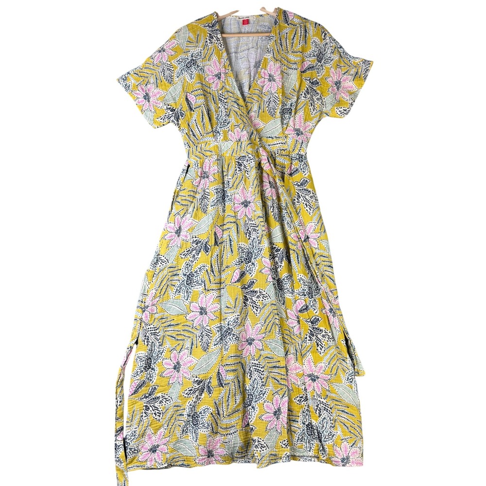 Marine Layer Double Cloth Wrap Dress Yellow Floral Cotton Gauze Summer 16030 S
